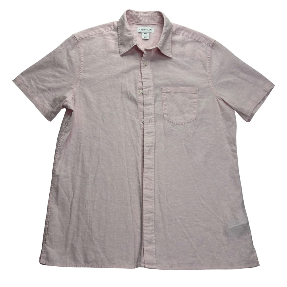 Calvin Klein Shirt Mens Small Pink Linen Blend Short Sleeve Button Down Pocket